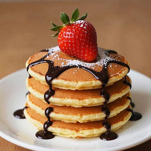 Stack of Pancakes with Chocolate Syrup and Strawberry
