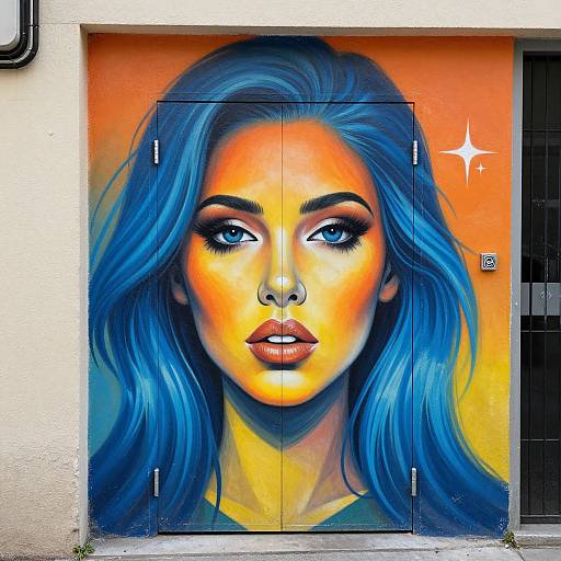 Vibrant street art of a blue-haired, orange-eyed woman with bold makeup and full lips, staring intensely, on a garage door.