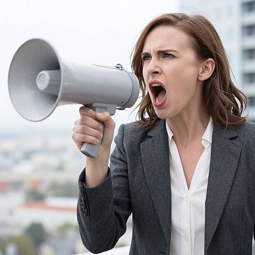 Photograph of a determined woman with brown hair, wearing a black blazer and white shirt, shouting into a grey megaphone outdoors.