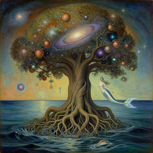 Fantastical digital painting of a tree with cosmic orbs and a mermaid-like figure with a glowing tail, rooted in water.