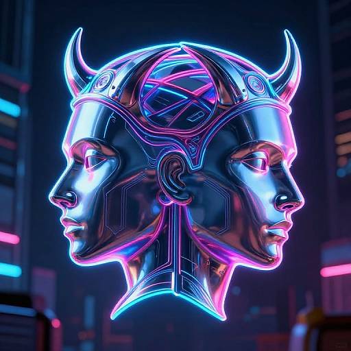 Neon-lit, digital CGI portrait of a futuristic, metallic, androgyne head with Viking horns, glowing blue and pink lines, set