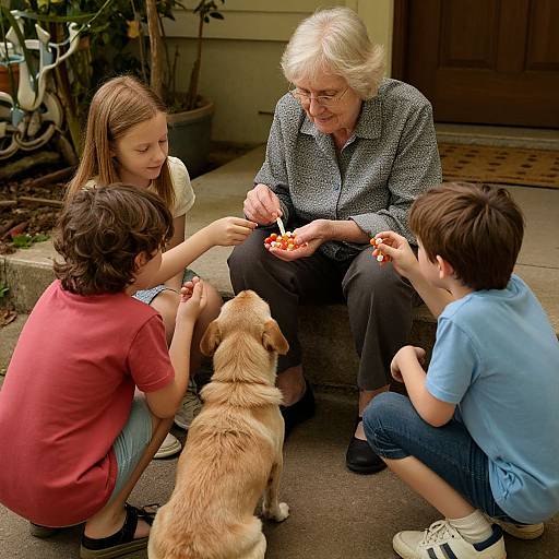 Photograph of an elderly woman with white hair, wearing a black and white patterned blouse, sitting outside feeding three children and a golden retriever pieces