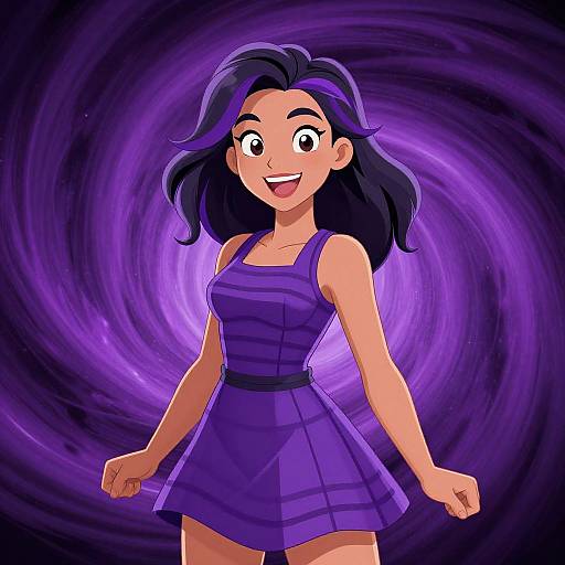 Digital anime-style illustration of a smiling young woman with black hair, wearing a purple dress, set against a swirling purple and black vortex background.