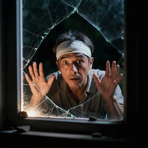 Surprised Man Gazing Through Broken Window