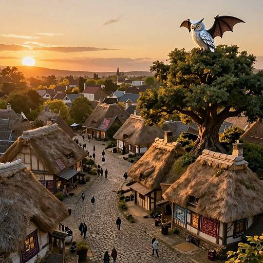 Photograph of a quaint, sunlit village at sunset with thatched-roof houses, cobblestone street, people walking, and a dragon per