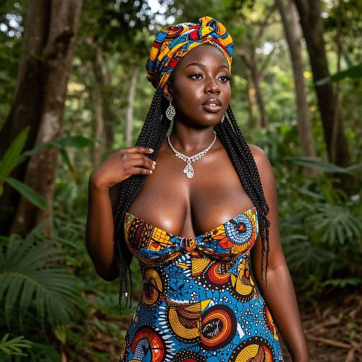 Photograph of a dark-skinned woman with long braids, wearing a colorful, patterned dress and headwrap, standing in a lush forest,