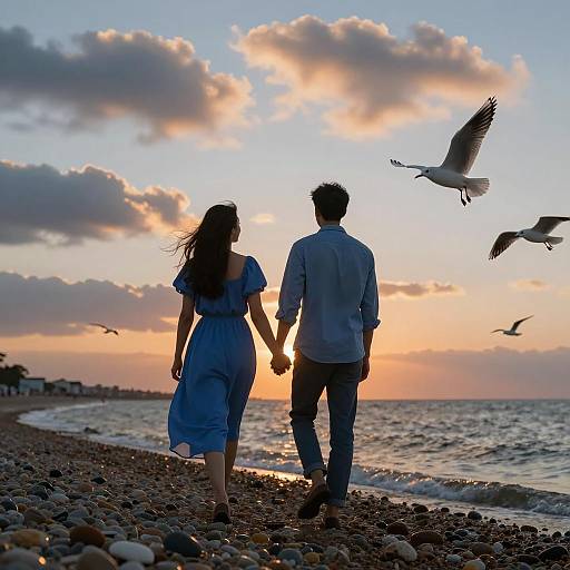 Couple Walking Hand-in-Hand on Pebble Beach at Sunset