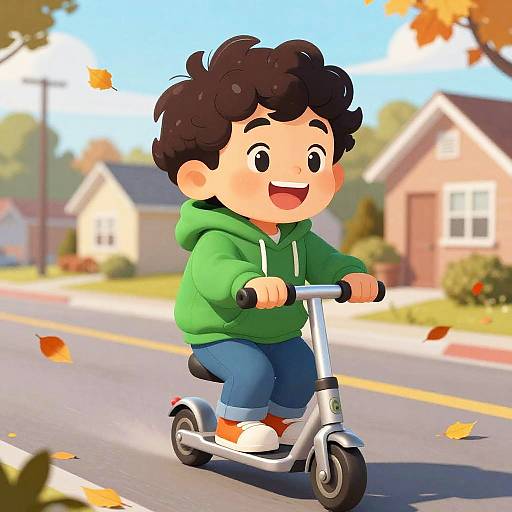 Digital cartoon of a smiling, chubby, brown-haired boy in a green hoodie, blue jeans, and red shoes riding a scooter on a sunny suburban street