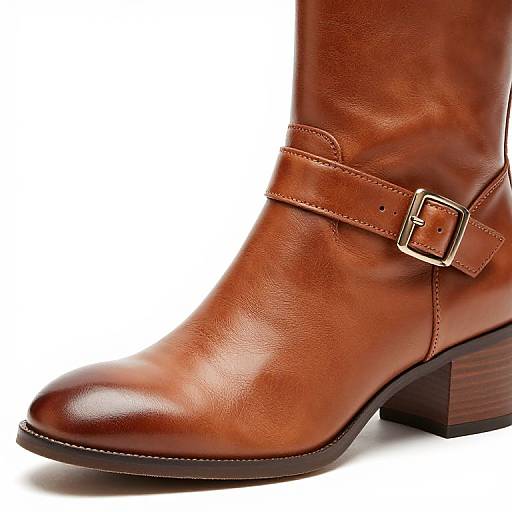 Photograph of a brown leather ankle boot with a shiny finish, silver buckle, and dark brown block heel, set against a white background.