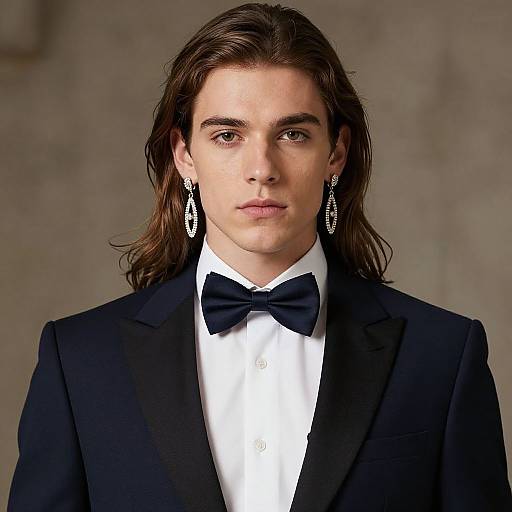Photograph of a young, white man with long brown hair, wearing a black tuxedo, white dress shirt, black bow tie, and diamond