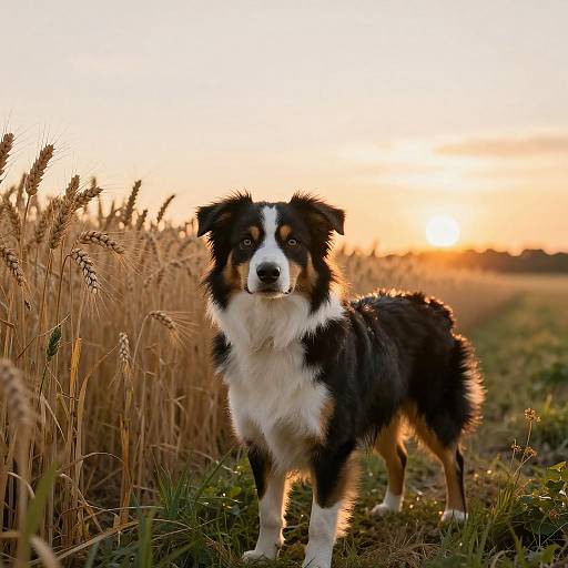 Australian Shepherd in Wheat Field at Sunset