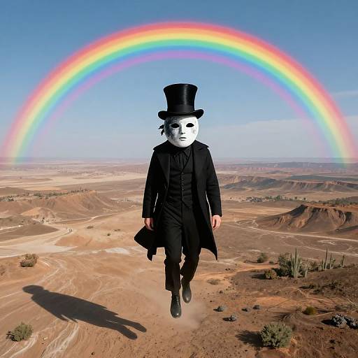 Photograph of a white-masked figure in black top hat and coat, standing on desert terrain with a vibrant rainbow in the clear blue sky behind.