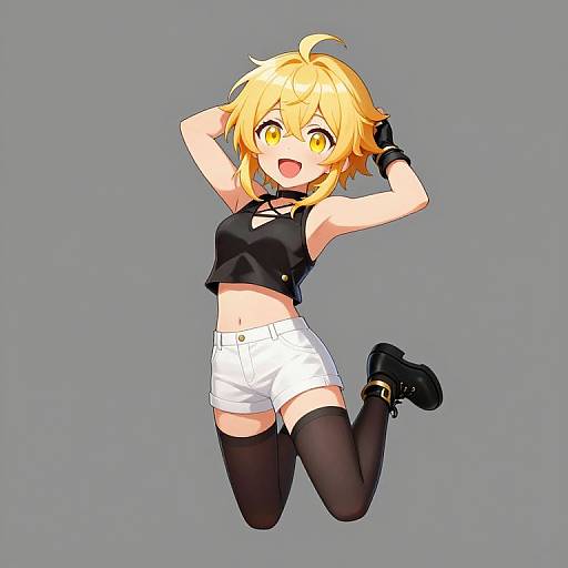 Digital anime-style drawing of a blonde girl with yellow eyes, wearing a black crop top, white shorts, black thigh-highs, and boots, jumping