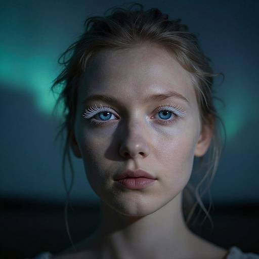 Photograph of a young woman with fair skin, blue eyes, and subtle makeup, illuminated by blue-green light, featuring a serious expression against a dark
