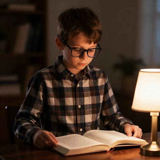 Boy Reading by Warm Lamp Light