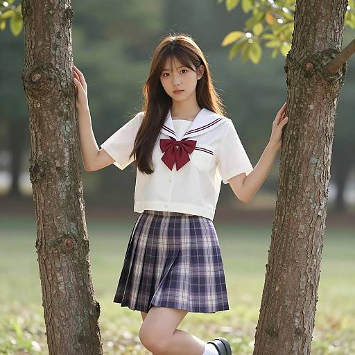 Asian Girl in Sailor Outfit in Park