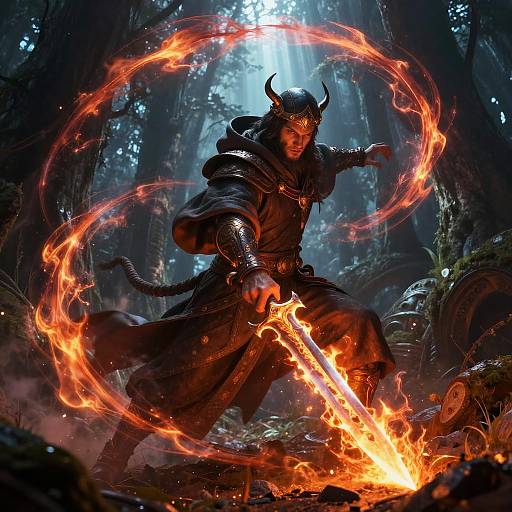 Digital fantasy artwork of a horned, armored warrior wielding a flaming sword, casting a fiery ring in a dark, enchanted forest.