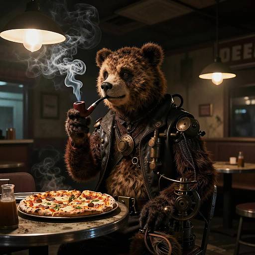 Photorealistic digital art: Anthropomorphic bear in steampunk armor smokes a pipe, sitting at a dimly lit restaurant table with a pizza