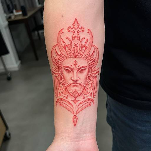 Red ink tattoo of a detailed, symmetrical sun-faced deity with ornate crown and jewel, on a person's forearm. Tattoo studio background. Phot