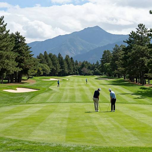 Photograph of a sunny golf course with three golfers in foreground, surrounded by lush green fairways, sand traps, pine trees, and distant blue