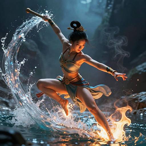 Digital artwork of an Asian woman dancing on water, creating a water arc, with flames beneath her, wearing a gold and blue tribal outfit.