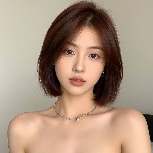 Photograph of an Asian woman with short, dark brown hair, fair skin, and brown eyes, wearing a silver necklace, looking directly at the camera