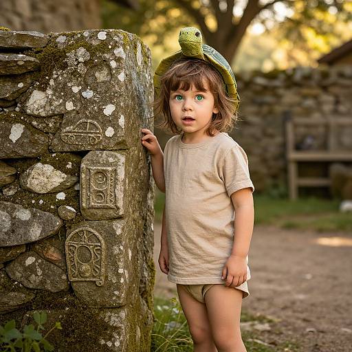 Curious Child in Ancient Courtyard