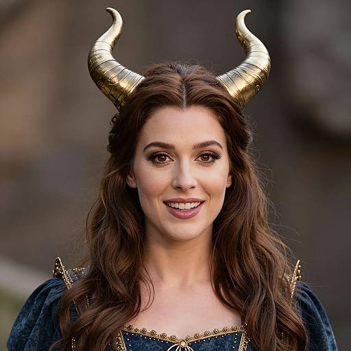 Photograph of a smiling woman with long brown hair, wearing gold horned headpiece, dark velvet dress, and gold-trimmed neckline, against