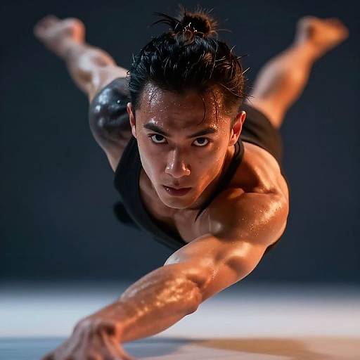 Photograph of a muscular Asian male gymnast with wet skin, black top, and top bun, intensely focusing, diving forward on a glowing stage.