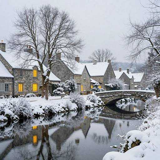 Photograph of a snowy village with stone cottages, glowing yellow windows, a snow-covered bridge, and a reflective frozen river.