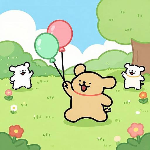 Cute cartoon bear holding pink and green balloons, surrounded by white sheep in bright, colorful meadow with flowers and trees.