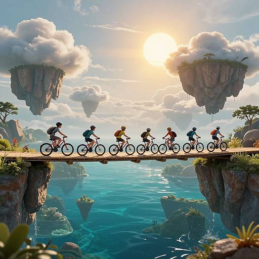 Digital artwork of cyclists on a narrow, floating bridge between two cliff islands, with floating clouds and a sunlit sky above. Vibrant, fantastical