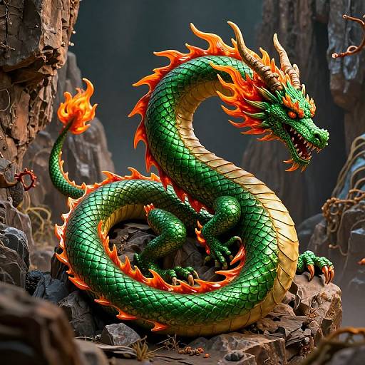Digital art of a vibrant green, fire-tipped dragon with orange flames, coiled on rocky terrain, displaying fierce expression amidst dark, jagged cliffs