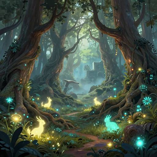 Enchanted forest scene with glowing blue and yellow fireflies, luminous plants, and towering trees illuminated by soft, ethereal light. Digital fantasy