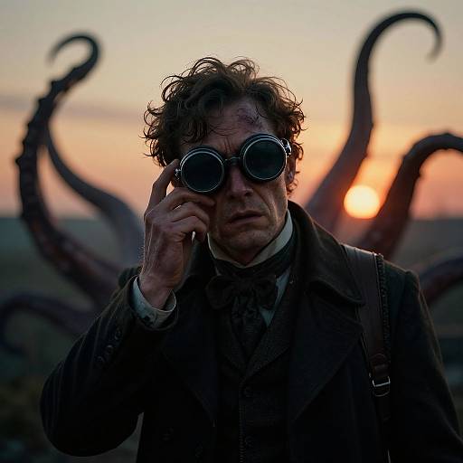 Photograph of a curly-haired man in a dark suit with round sunglasses, adjusting them against a sunset with large tentacles in the background.