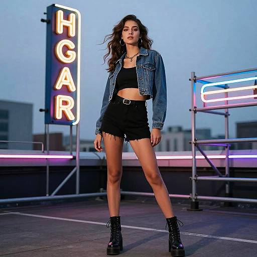 High-Fashion Model on Urban Rooftop at Dusk