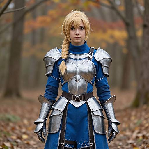 Photograph of a blonde woman with braided hair in blue medieval armor, standing in a forest with autumn leaves.