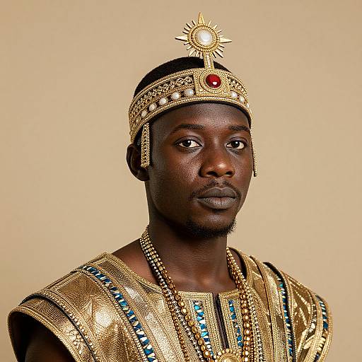 Photograph of a dark-skinned African man wearing a golden, bejeweled crown and matching robe with blue and black beadwork, set against