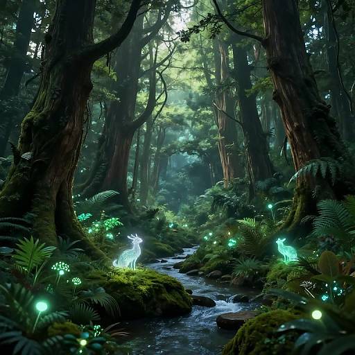 Digital fantasy forest scene with glowing blue fairy lights, a luminescent white deer, and a moss-covered stream winding through towering trees.