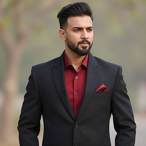 Photograph of a handsome, bearded man with dark hair, wearing a black suit, red shirt, and red pocket square, standing outdoors against a