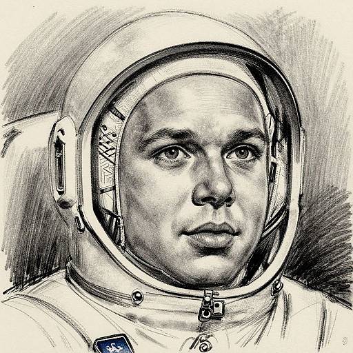Black and white, detailed pencil drawing of a serious-faced astronaut with large helmet, visible straps, and textured background. Realistic, close-up portrait.