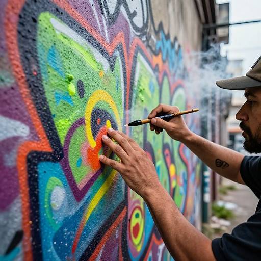 Photograph of a bearded man in a cap painting vibrant graffiti on a textured wall with colorful tags, using a spray can. Urban alleyway background