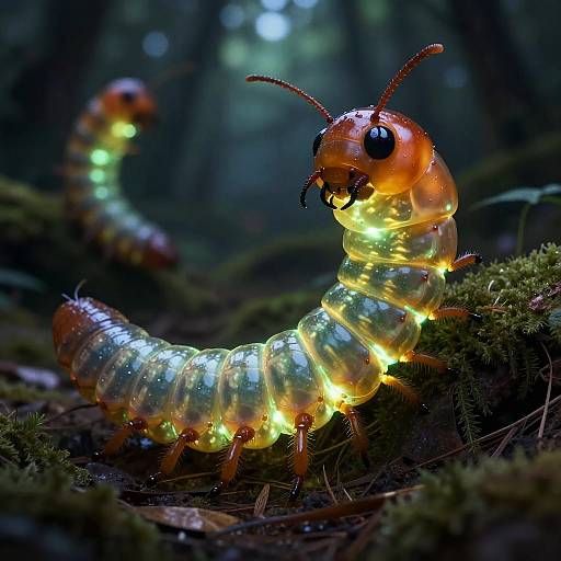 Bioluminescent Giant Mealworms in Forest