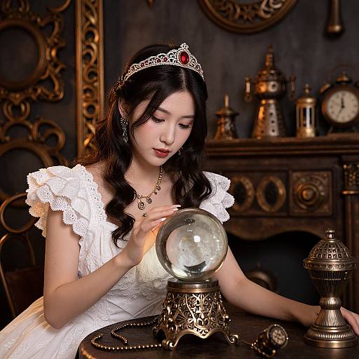 Photograph of an Asian woman with long black hair, wearing a white lace dress and silver tiara, examining a glass globe on an ornate brass