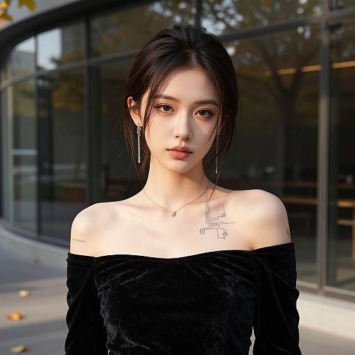 Photograph of a young Asian woman with fair skin, black hair in a ponytail, wearing an off-shoulder black velvet top, delicate earrings
