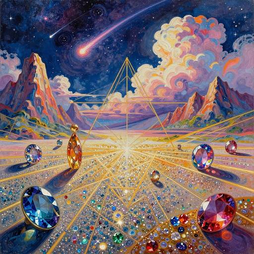 Vibrant digital painting of a cosmic landscape with glowing diamonds, geometric lines, mountains, and a starry sky with a shooting star.