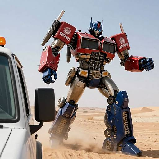 Photograph of a red and blue, armored, robot transformer with 