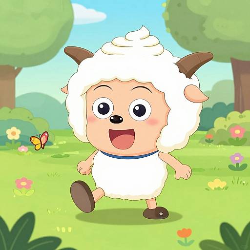 Cartoon sheep with brown horns, white wool, and blue collar joyfully runs in a colorful, sunny meadow with trees, flowers, and a