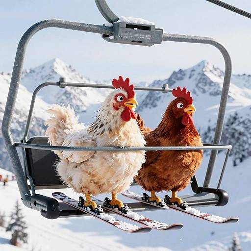 Skiing Chickens on Mountain Lift
