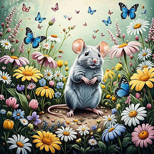 Mouse in Vibrant Flower Garden with Butterflies